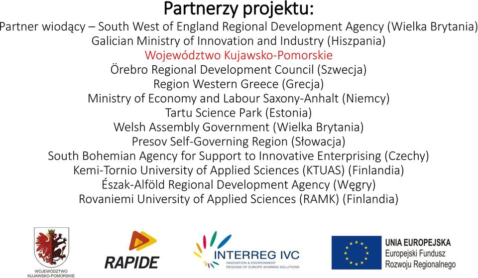 Science Park (Estonia) Welsh Assembly Government (Wielka Brytania) Presov Self-Governing Region (Słowacja) South Bohemian Agency for Support to Innovative Enterprising