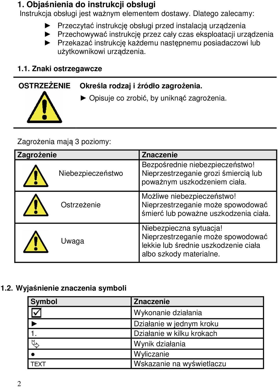 użytkownikowi urządzenia. 1.1. Znaki ostrzegawcze OSTRZEŻENIE Określa rodzaj i źródło zagrożenia. Opisuje co zrobić, by uniknąć zagrożenia.