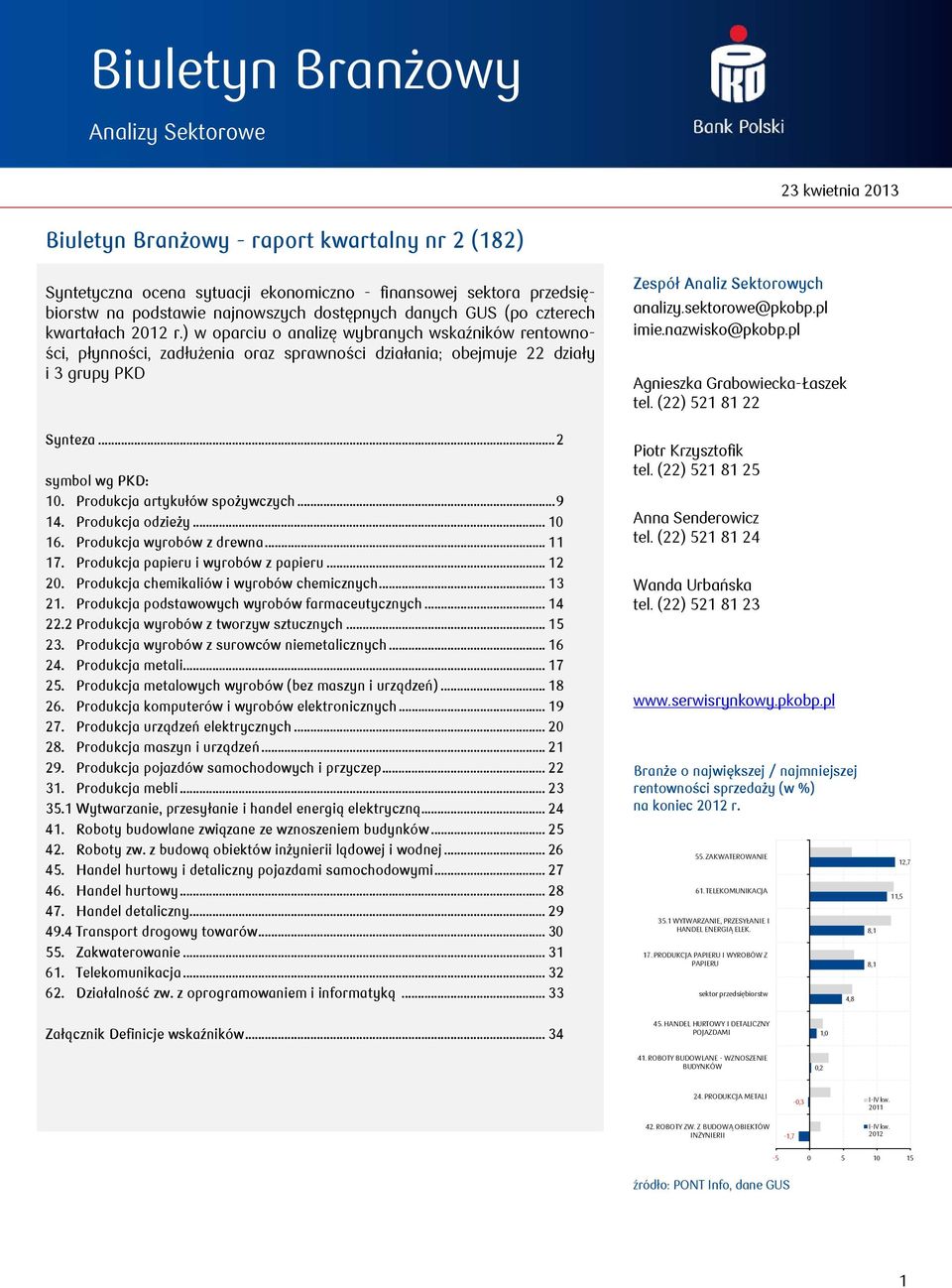 ) w oparciu o analizę wybranych wskaźników rentowności, płynności, zadłużenia oraz sprawności działania; obejmuje 22 działy i 3 grupy PKD Zespół Analiz Sektorowych analizy.sektorowe@pkobp.pl imie.
