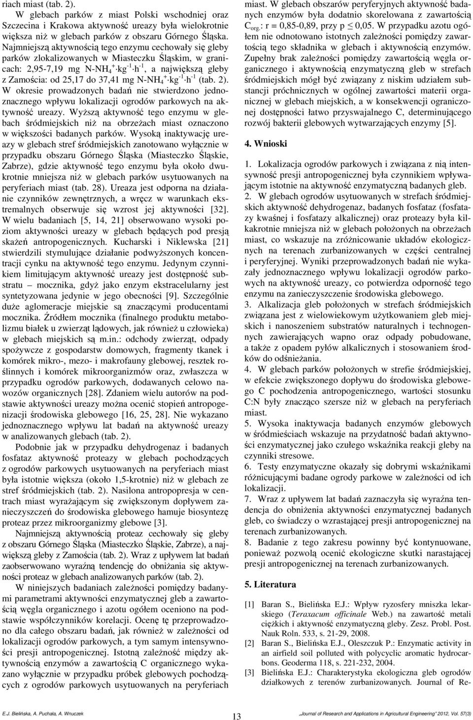 N-NH 4+ kg -1 h -1 (tab. 2). W okresie prowadzonych badań nie stwierdzono jednoznacznego wpływu lokalizacji ogrodów parkowych na aktywność ureazy.