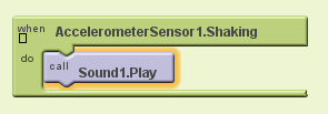 Odtwarzanie dźwięku podczas wstrząsania telefonem W Projektowaniu wyciągnij blok Czujnik akcelerometrowy z palety Czujniki Pokaże się ono pod Niewidzialnymi