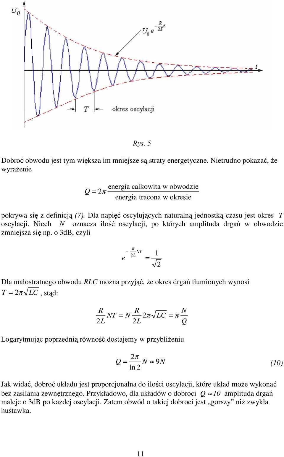 o 3dB, czyli e NT 2L = 1 2 Dla małostratnego obwodu LC można przyjąć, że okres drgań tłumionych wynosi T = 2π LC, stąd: 2L NT N = N 2π LC = π 2L Q Logarytmując poprzednią równość dostajemy w