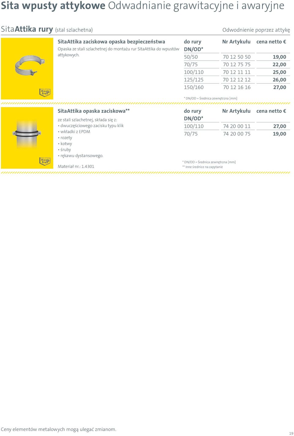 Odwodnienie poprzez attykę do rury Nr Artykułu cena netto DN/OD* 50/50 70 12 50 50 19,00 70/75 70 12 75 75 22,00 100/110 70 12 11 11 25,00 125/125 70 12 12 12 26,00 150/160 70 12 16 16