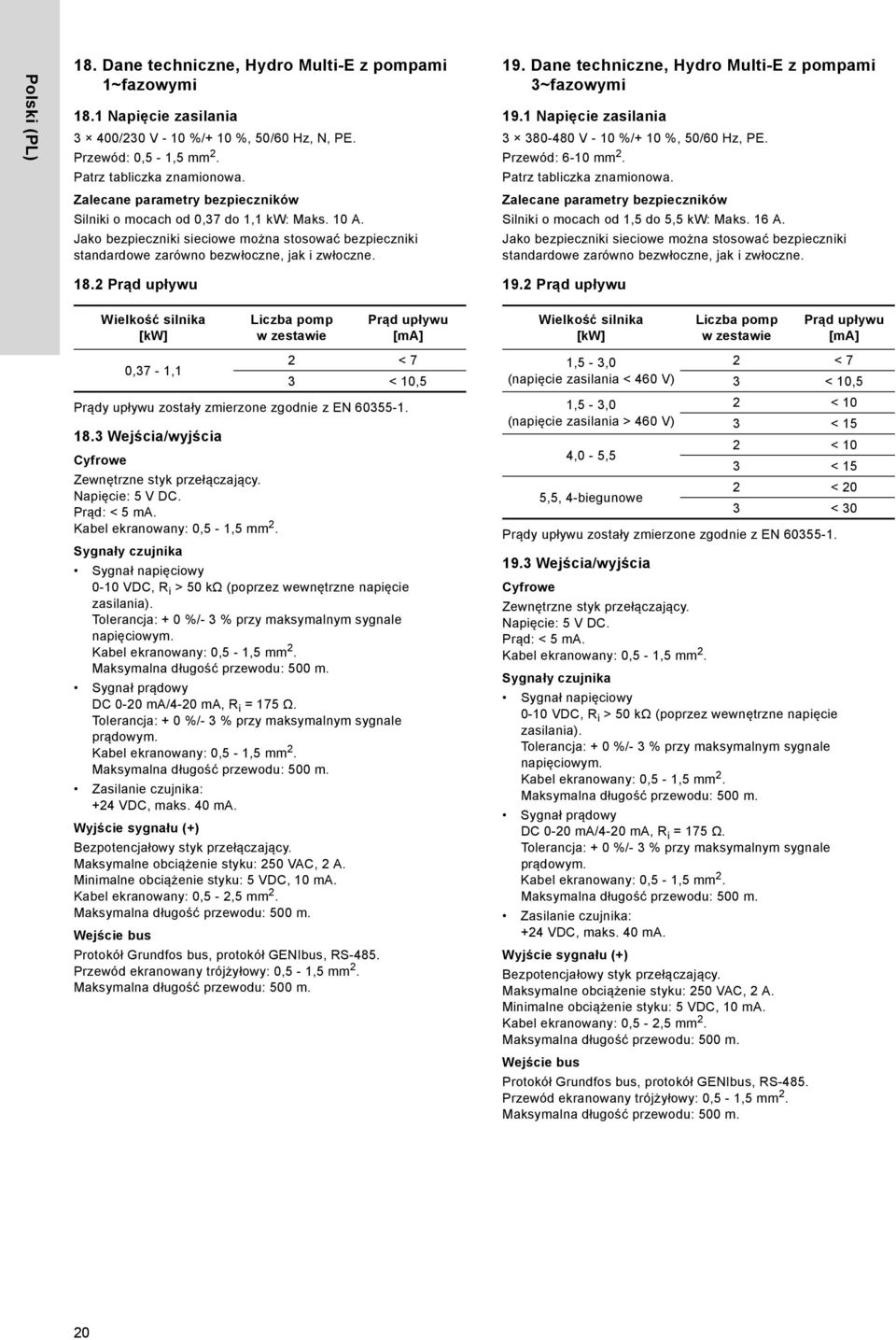 Dane techniczne, ydro Multi-E z pompami 3~fazowymi 19.1 Napięcie zasilania 3 38-48 V - 1 %/+ 1 %, 5/6 z, PE. Przewód: 6-1 mm 2. Patrz tabliczka znamionowa.