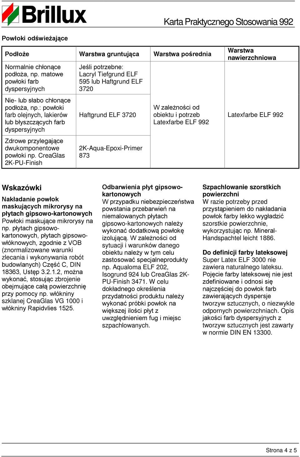 CreaGlas 2K-PU-Finish Jeśli potrzebne: 595 lub Haftgrund ELF 3720 2K-Aqua-Epoxi-Primer 873 W zależności od obiektu i potrzeb Latexfarbe ELF 992 Latexfarbe ELF 992 Wskazówki Nakładanie powłok