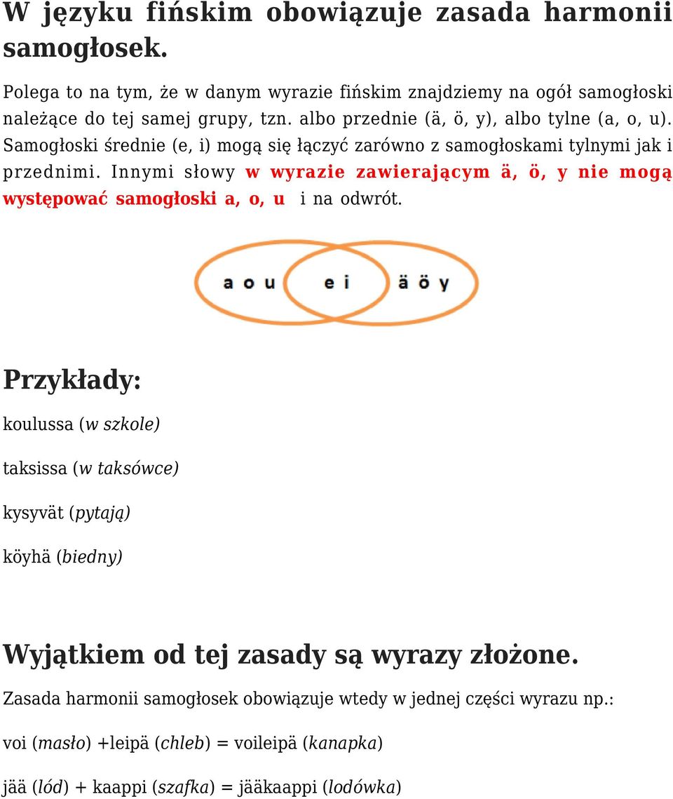 Innymi słowy w wyrazie zawierającym ä, ö, y nie mogą występować samogłoski a, o, u i na odwrót.