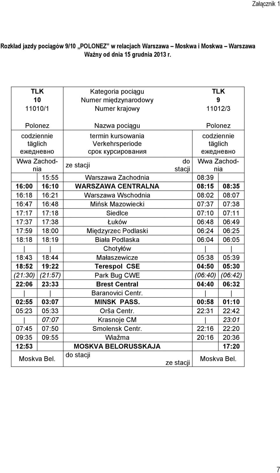 codziennie täglich ежедневно Wwa Zachodnia stacji nia do Wwa Zachod- ze stacji 15:55 Warszawa Zachodnia 08:39 16:00 16:10 WARSZAWA CENTRALNA 08:15 08:35 16:18 16:21 Warszawa Wschodnia 08:02 08:07