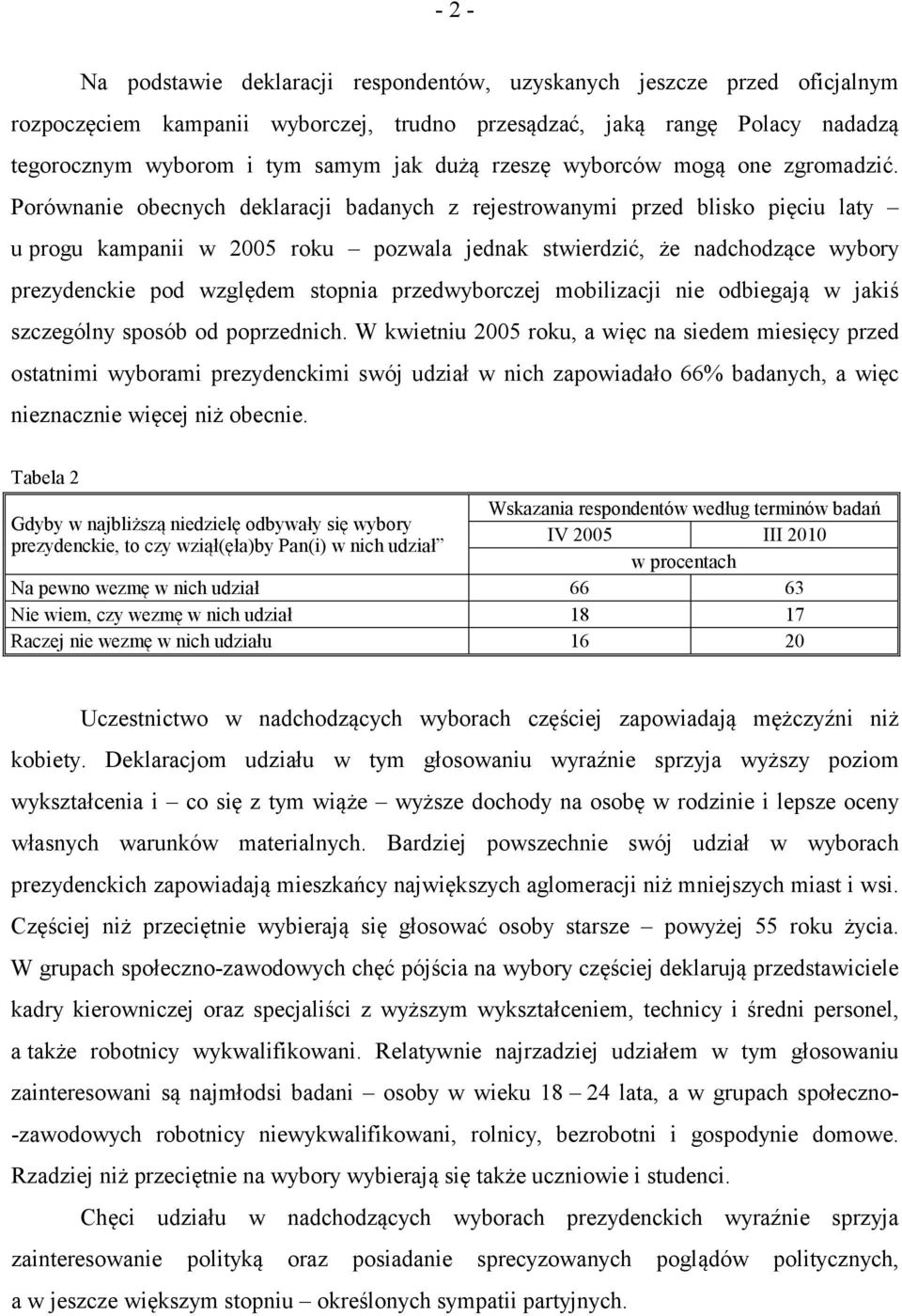 Porównanie obecnych deklaracji badanych z rejestrowanymi przed blisko pięciu laty u progu kampanii w 2005 roku pozwala jednak stwierdzić, że nadchodzące wybory prezydenckie pod względem stopnia