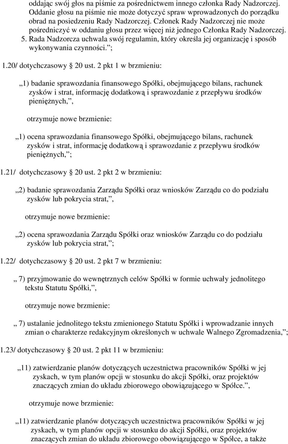 Rada Nadzorcza uchwala swój regulamin, który określa jej organizację i sposób wykonywania czynności. ; 1.20/ dotychczasowy 20 ust.