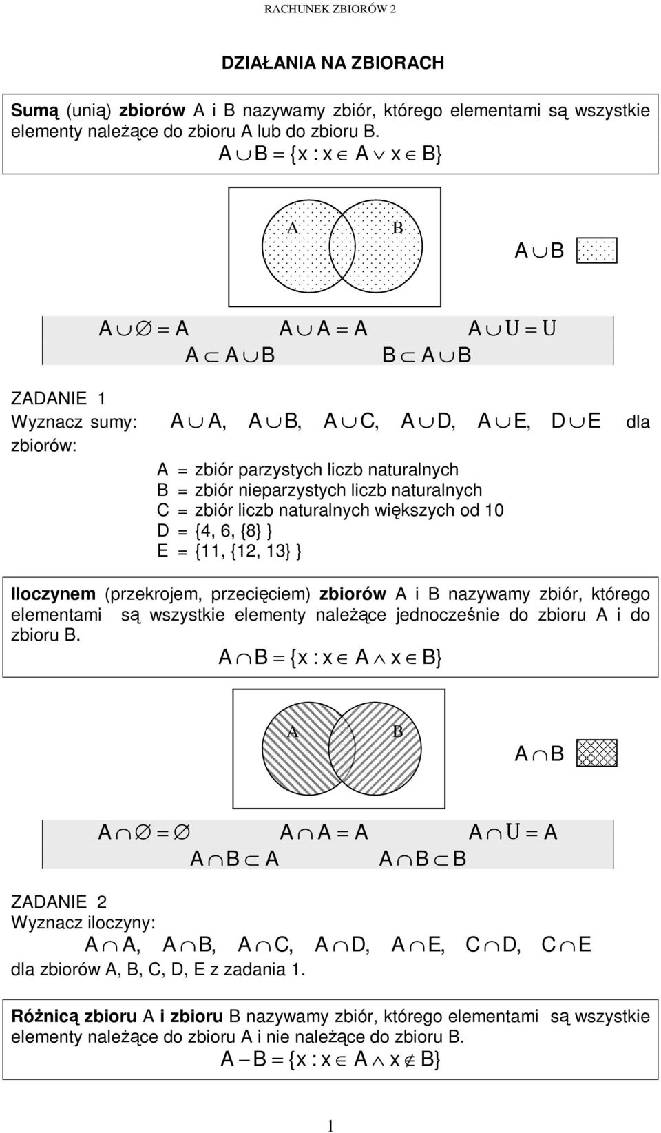 0 D = {4, 6, {8} } E = {, {2, 3} } Iloczynem (przekrojem, przeci ciem) zbiorów i nazywamy zbiór, którego elementami s wszystkie elementy nale ce jednocze nie do zbioru i do zbioru.