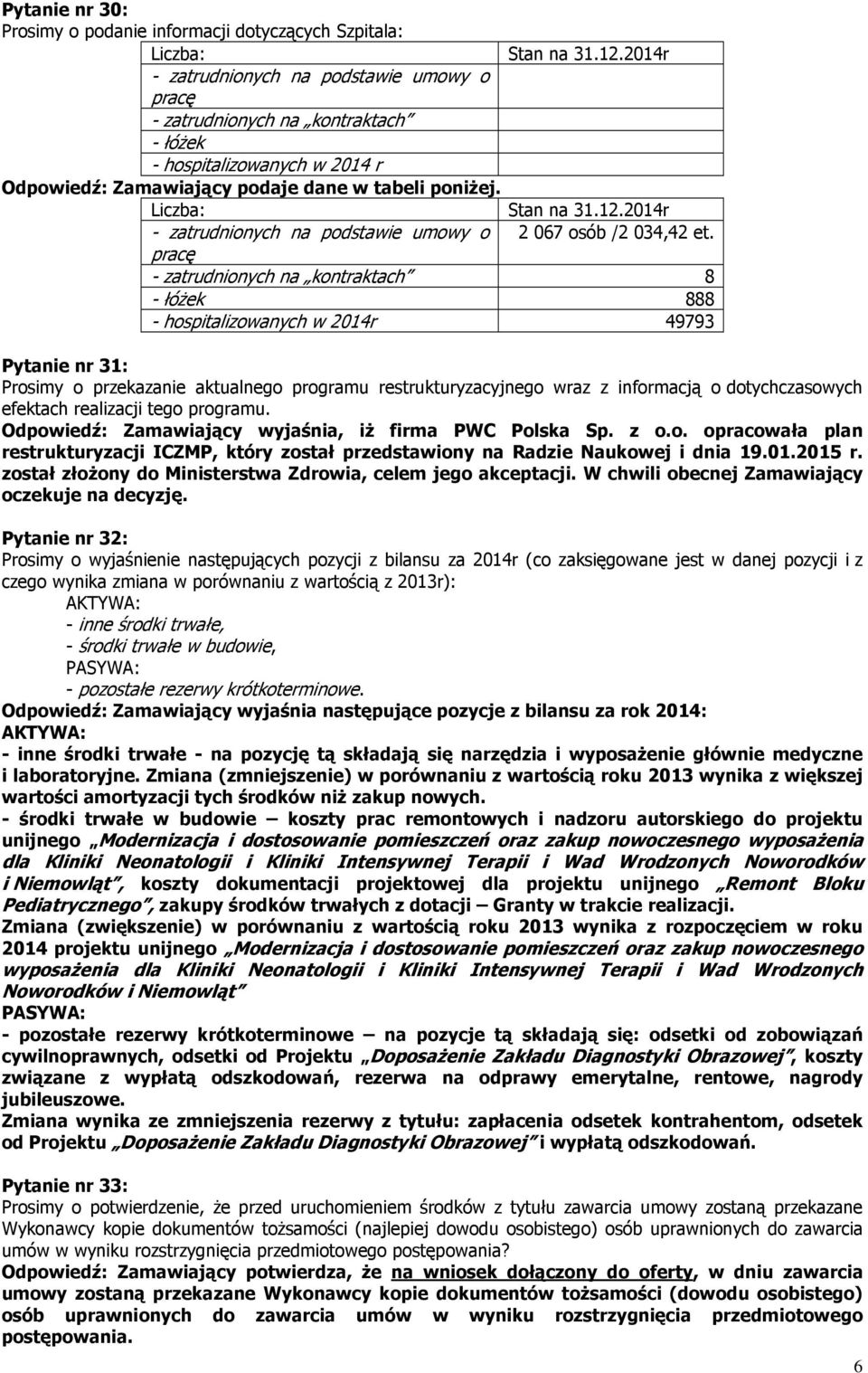 2014r - zatrudnionych na podstawie umowy o 2 067 osób /2 034,42 et.