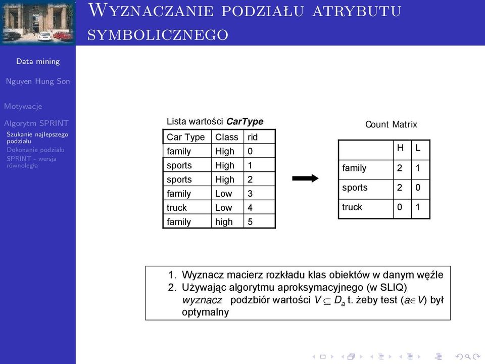 1 sports 2 0 truck 0 1 1. Wyznacz macierz rozkładu klas obiektów w danym węźle 2.