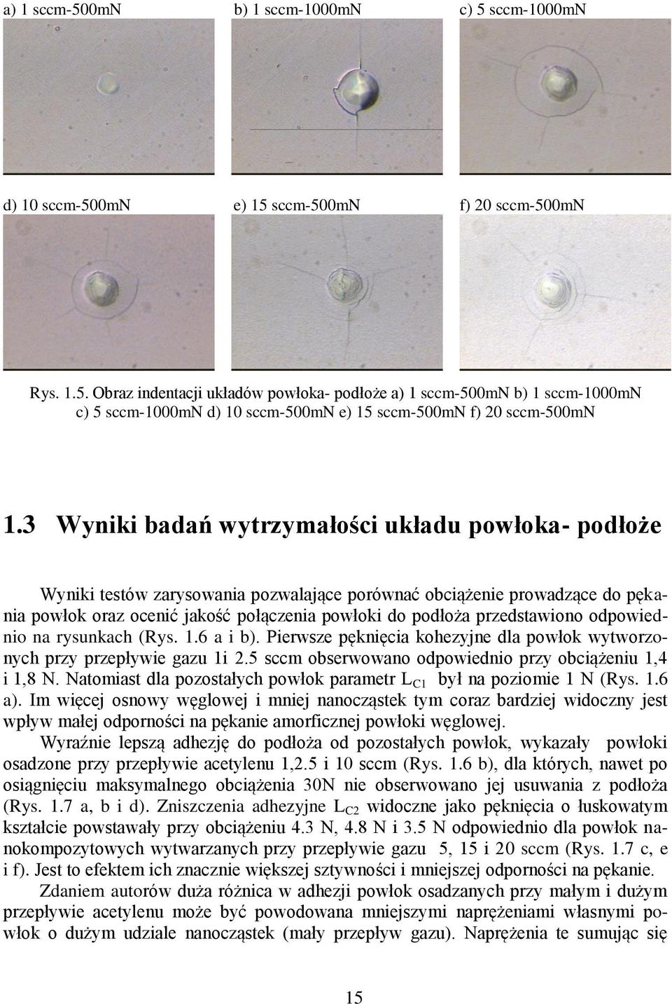 przedstawiono odpowiednio na rysunkach (Rys. 1.6 a i b). Pierwsze pęknięcia kohezyjne dla powłok wytworzonych przy przepływie gazu 1i 2.5 sccm obserwowano odpowiednio przy obciążeniu 1,4 i 1,8 N.