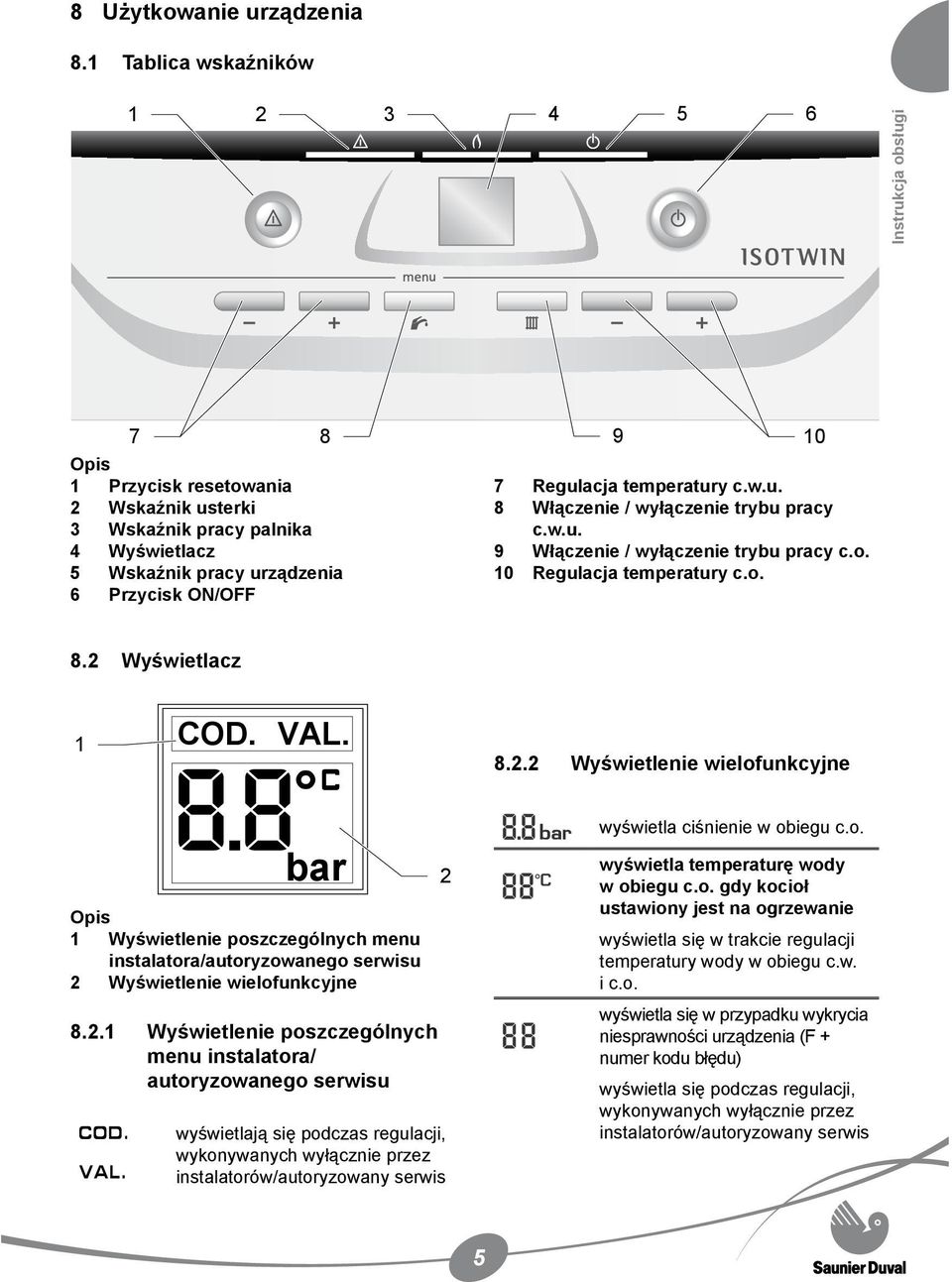 Regulacja temperatury c.w.u. 8 Włączenie / wyłączenie trybu pracy c.w.u. 9 Włączenie / wyłączenie trybu pracy c.o. 10 Regulacja temperatury c.o. 8.2 