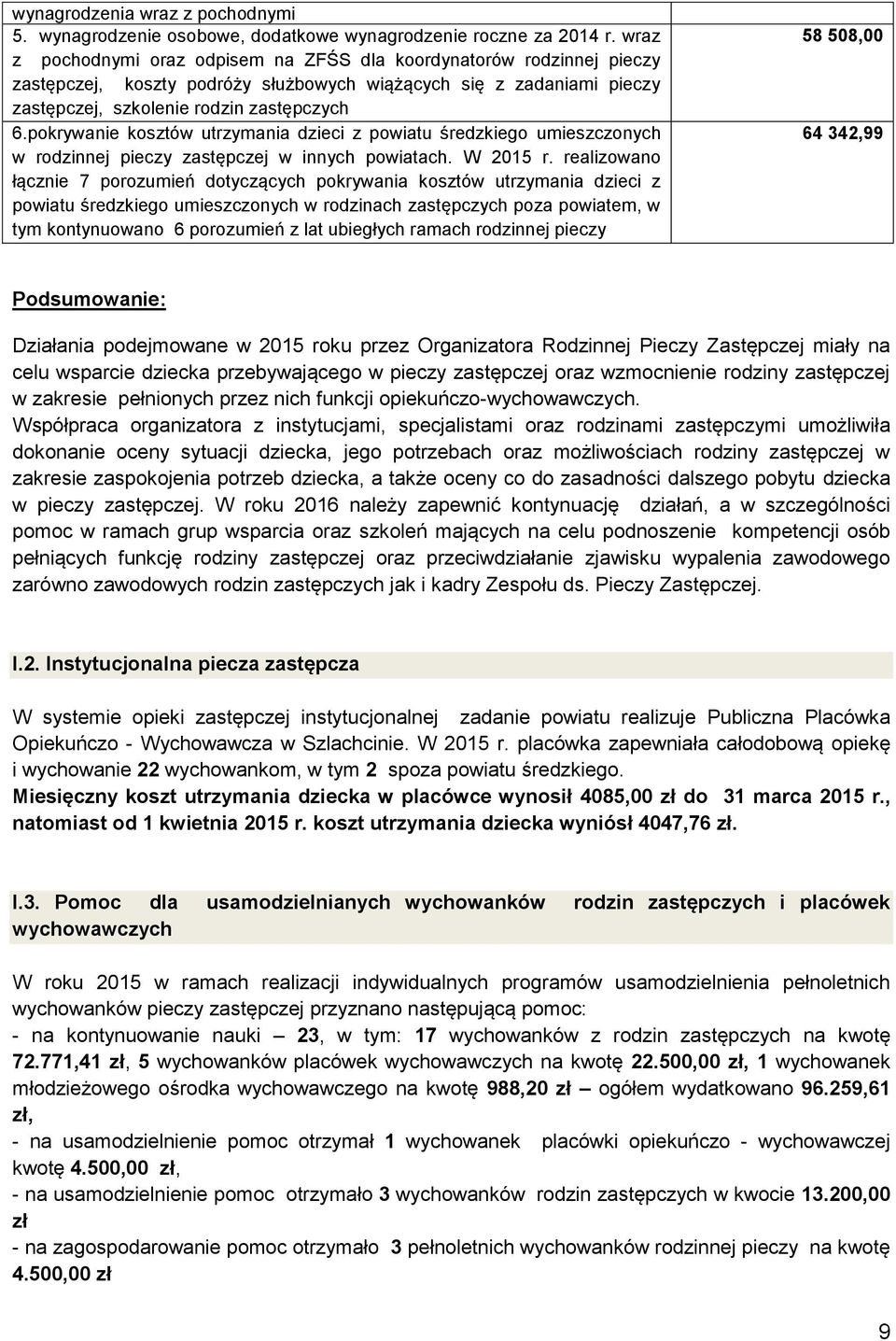 pokrywanie kosztów utrzymania dzieci z powiatu średzkiego umieszczonych w rodzinnej pieczy zastępczej w innych powiatach. W 2015 r.