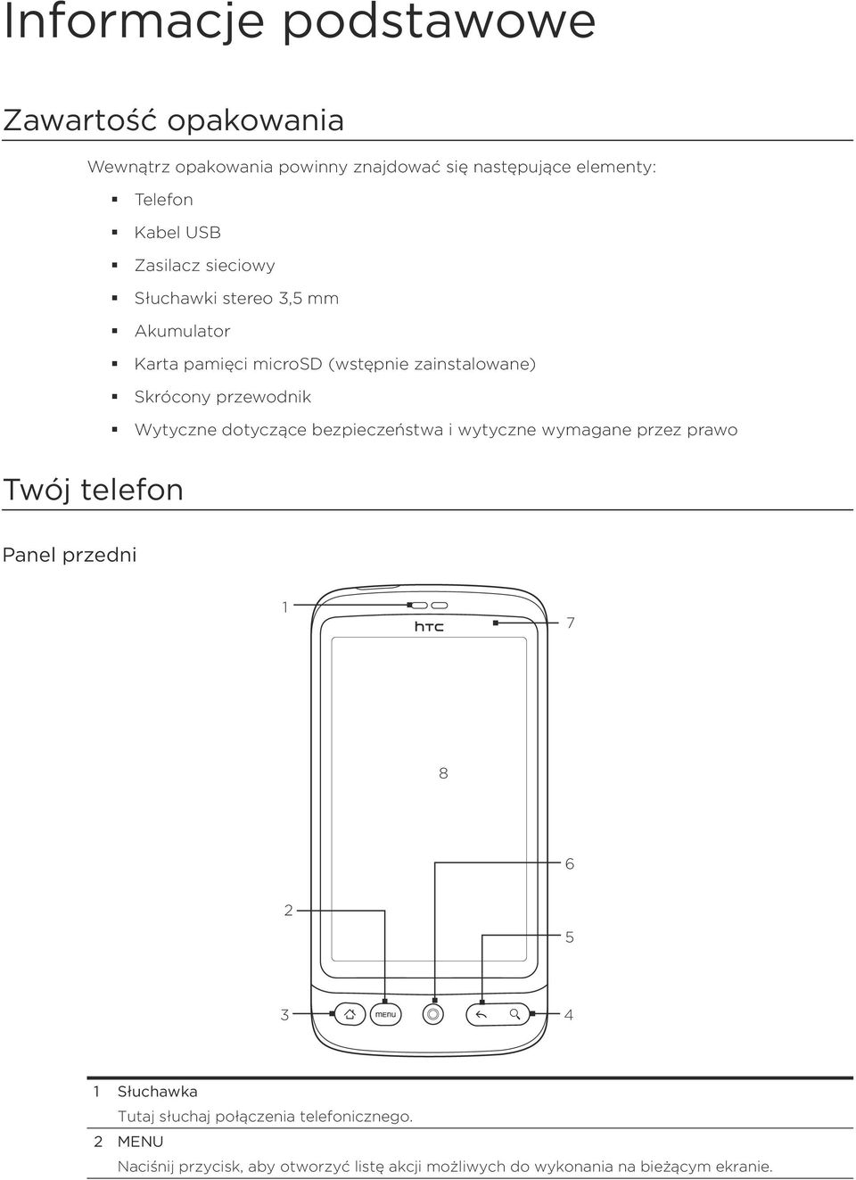 Wytyczne dotyczące bezpieczeństwa i wytyczne wymagane przez prawo Twój telefon Panel przedni 1 7 8 6 2 5 3 4 1 Słuchawka