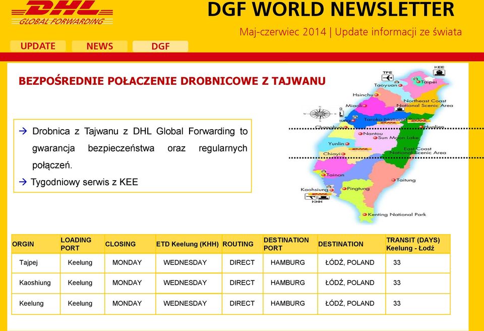 Tygodniowy serwis z KEE ORGIN LOADING PORT CLOSING ETD Keelung (KHH) ROUTING DESTINATION PORT DESTINATION TRANSIT (DAYS)