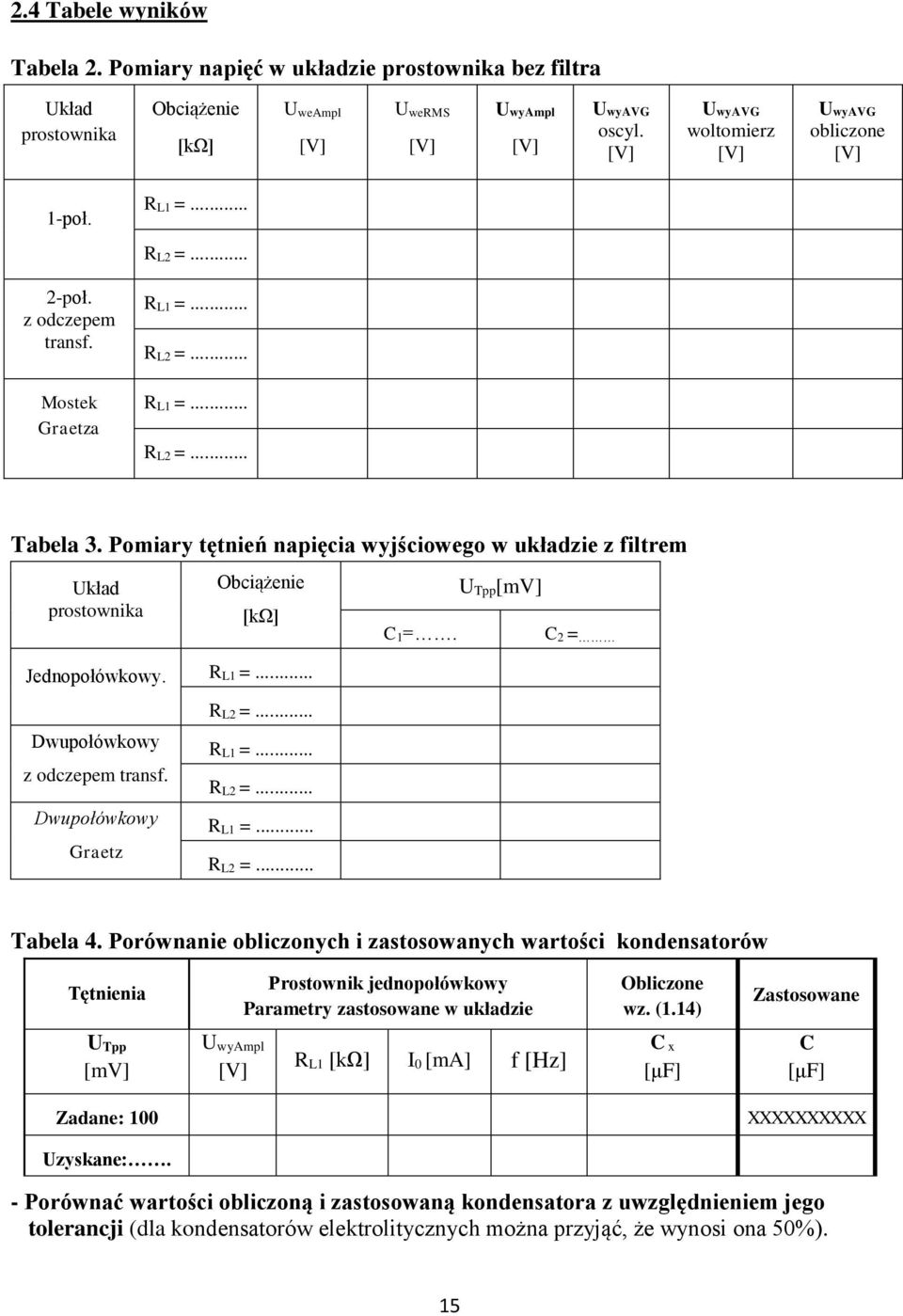 Pomiary tętnień napięcia wyjściowego w układzie z filtrem Układ prostownika Obciążenie [kω] Jednopołówkowy. R L1 =... Dwupołówkowy z odczepem transf. Dwupołówkowy Graetz R L2 =... R L1 =... R L2 =... R L1 =... R L2 =... C 1=.