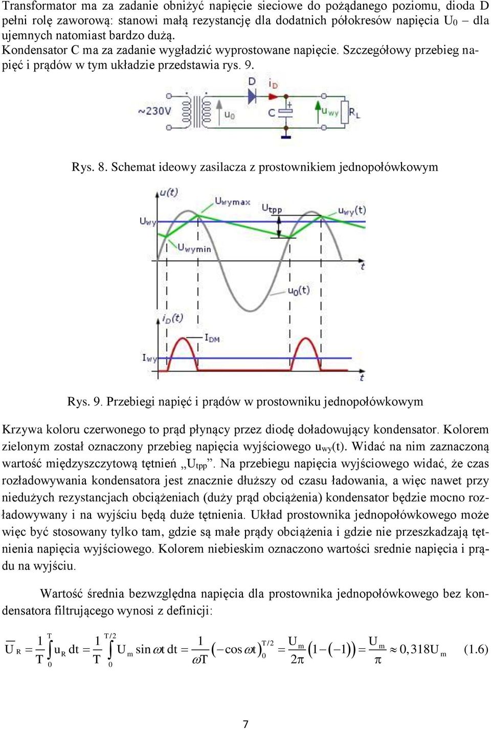 Schemat ideowy zasilacza z prostownikiem jednopołówkowym Rys. 9. Przebiegi napięć i prądów w prostowniku jednopołówkowym Krzywa koloru czerwonego to prąd płynący przez diodę doładowujący kondensator.