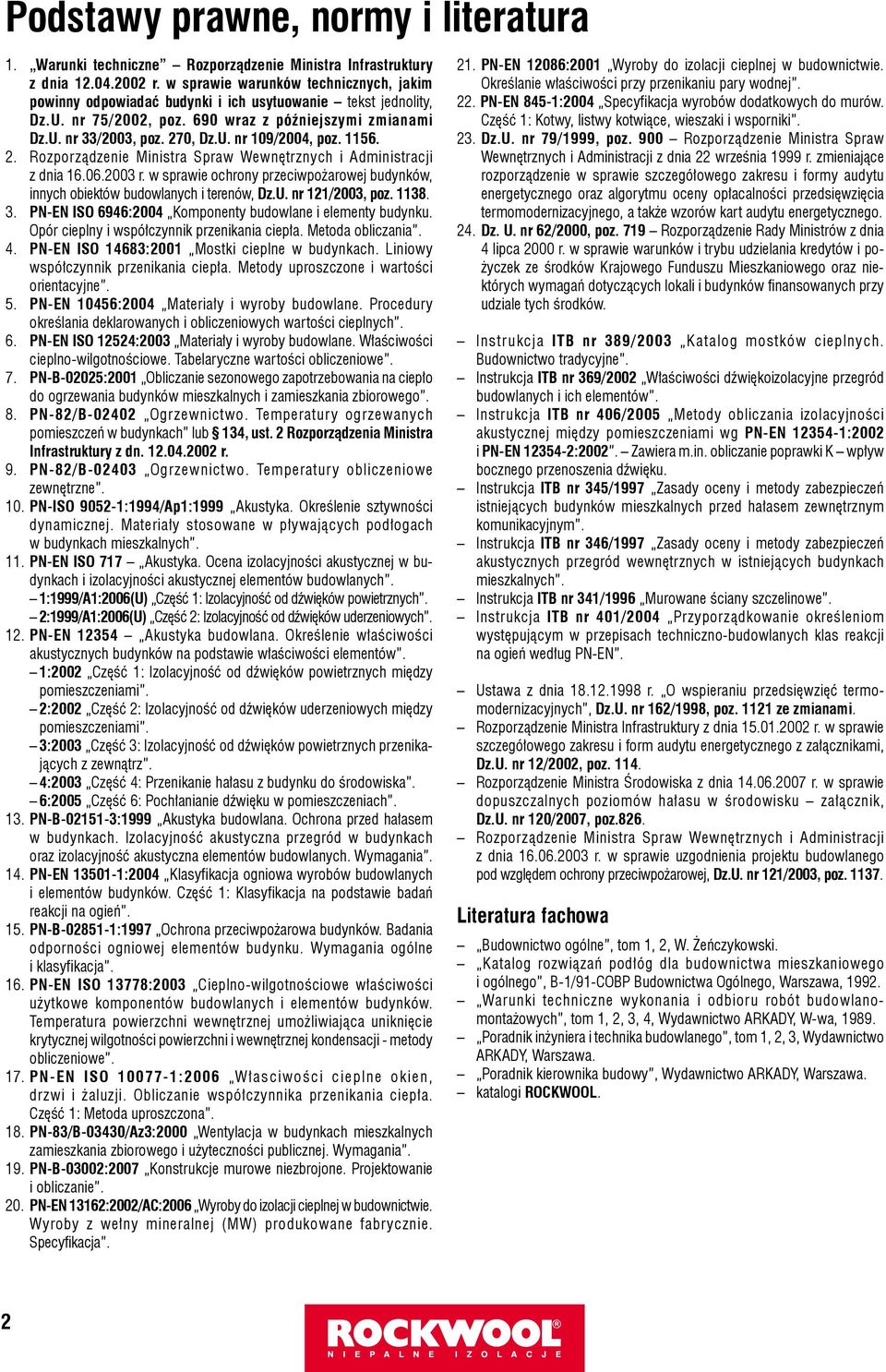 1156. 2. Rozporządzenie Ministra Spraw Wewnętrznych i Administracji z dnia 16.06.2003 r. w sprawie ochrony przeciwpożarowej budynków, innych obiektów budowlanych i terenów, Dz.U. nr 121/2003, poz.