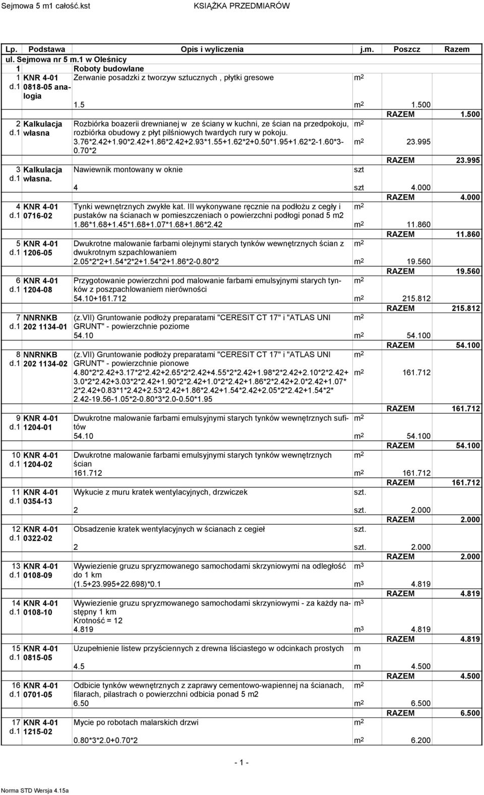 070-05 7 KNR 4-0 d. 5-0 Zerwanie posadzki z tworzyw sztucznych, płytki gresowe KNR 4-0 088-05 analogia.5.500 RAZEM.