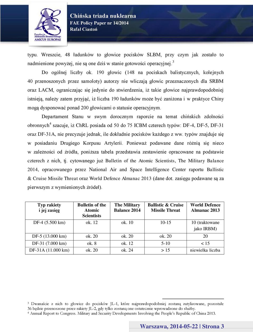 takie głowice najprawdopodobniej istnieją, należy zatem przyjąć, iż liczba 190 ładunków może być zaniżona i w praktyce Chiny mogą dysponować ponad 200 głowicami o statusie operacyjnym.