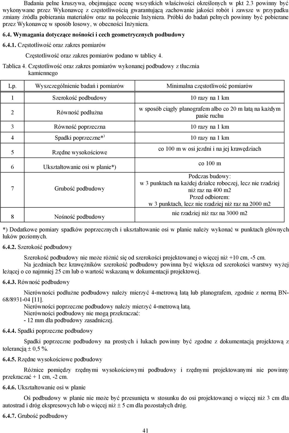 Próbki do badań pełnych powinny być pobierane przez Wykonawcę w sposób losowy, w obecności Inżyniera. 6.4. Wymagania dotyczące nośności i cech geometrycznych podbudowy 6.4.1.