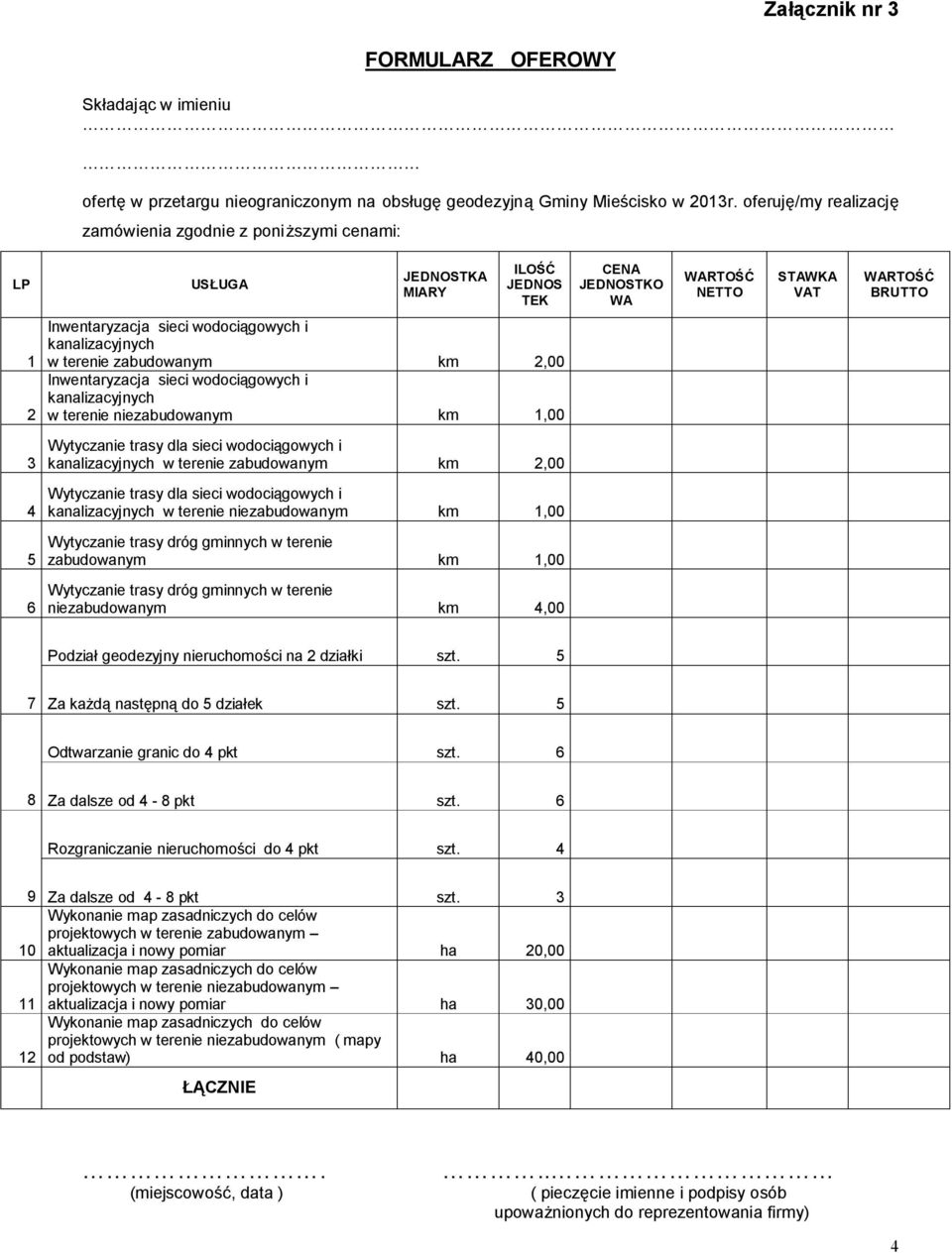 wodociągowych i kanalizacyjnych w terenie zabudowanym km 2,00 Inwentaryzacja sieci wodociągowych i kanalizacyjnych w terenie niezabudowanym km 1,00 3 Wytyczanie trasy dla sieci wodociągowych i