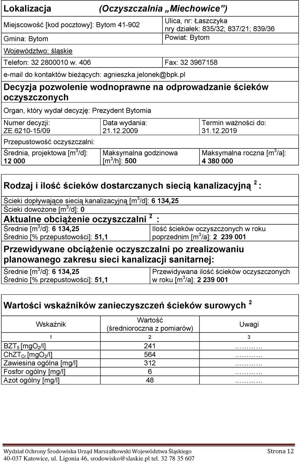 pl Ulica, nr: Łaszczyka nry działek: 835/32; 837/21; 839/36 Powiat: Bytom Decyzja pozwolenie wodnoprawne na odprowadzanie ścieków oczyszczonych Organ, który wydał decyzję: Prezydent Bytomia Numer