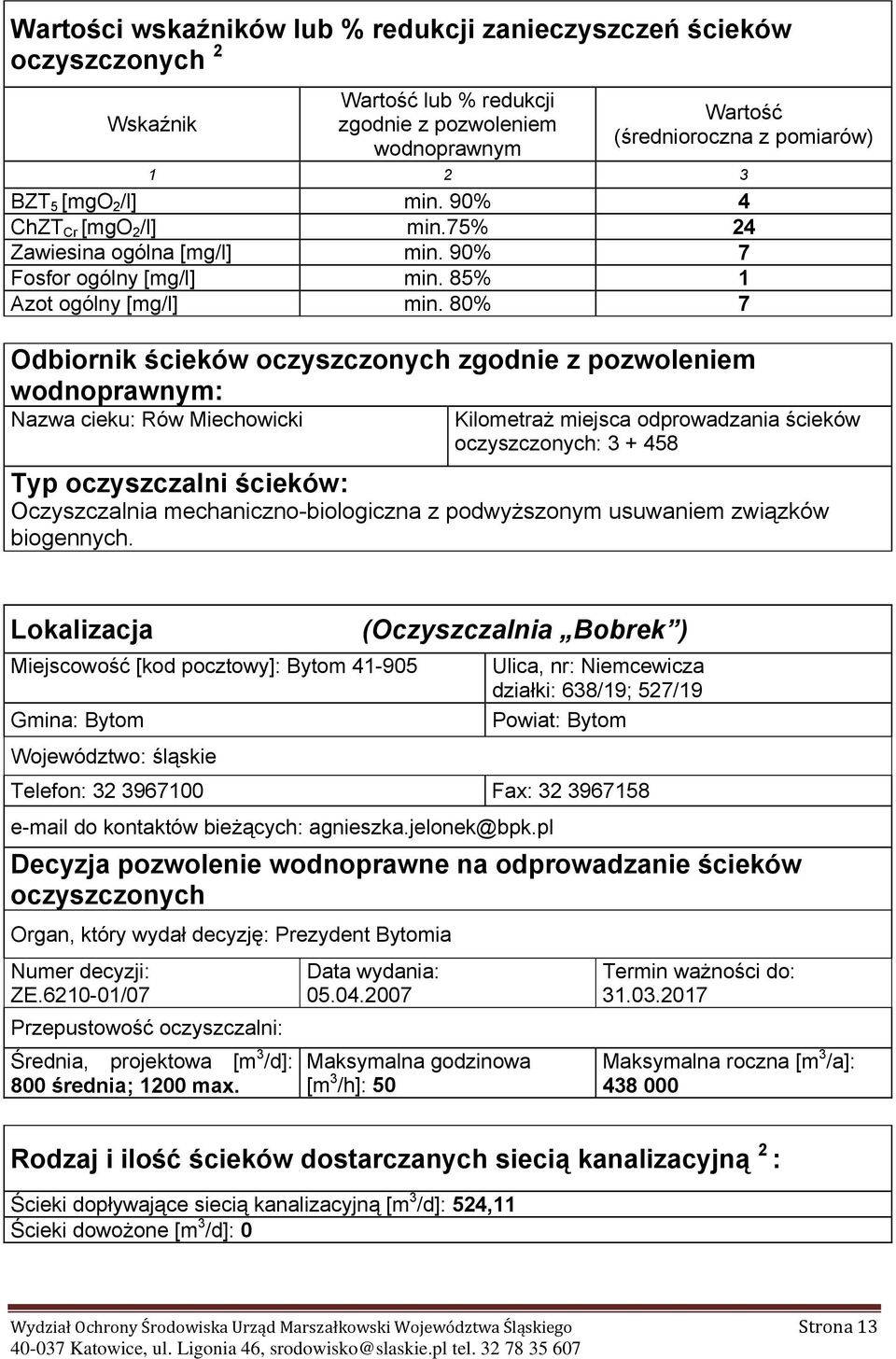 80% 7 Odbiornik ścieków oczyszczonych zgodnie z pozwoleniem wodnoprawnym: Nazwa cieku: Rów Miechowicki Kilometraż miejsca odprowadzania ścieków oczyszczonych: 3 + 458 Typ oczyszczalni ścieków: