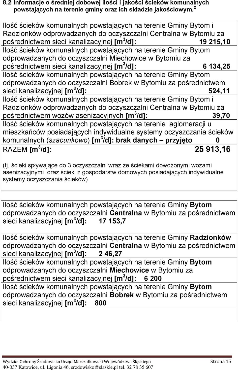 komunalnych powstających na terenie Gminy Bytom odprowadzanych do oczyszczalni Miechowice w Bytomiu za pośrednictwem sieci kanalizacyjnej [m 3 /d]: 6 134,25 Ilość ścieków komunalnych powstających na