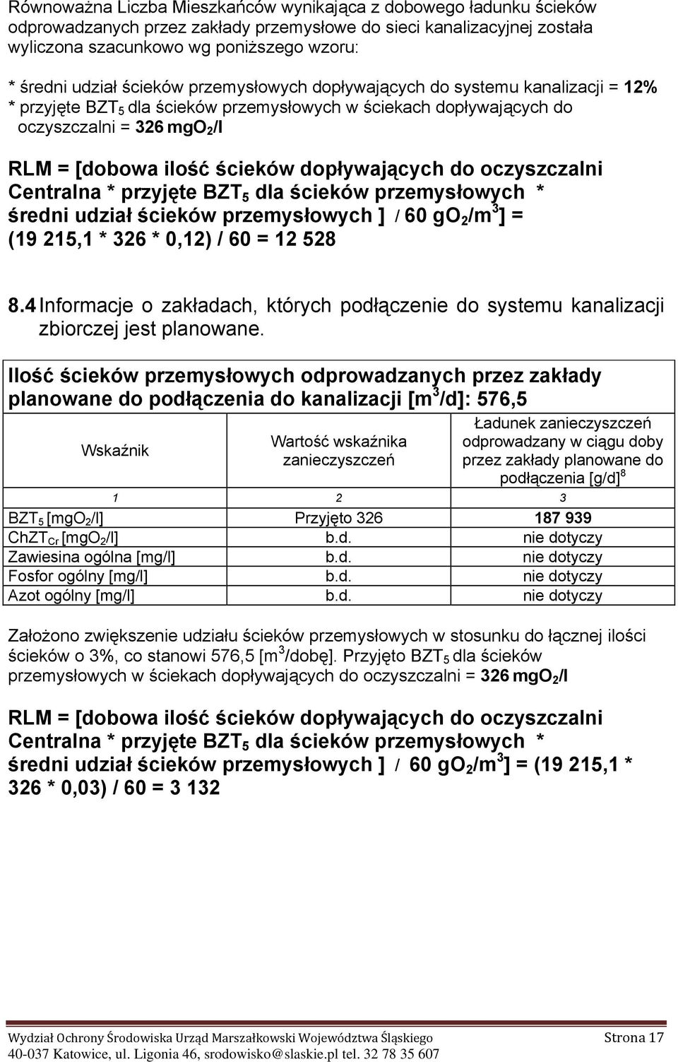 dopływających do oczyszczalni Centralna * przyjęte BZT 5 dla ścieków przemysłowych * średni udział ścieków przemysłowych ] / 60 go 2 /m 3 ] = (19 215,1 * 326 * 0,12) / 60 = 12 528 8.