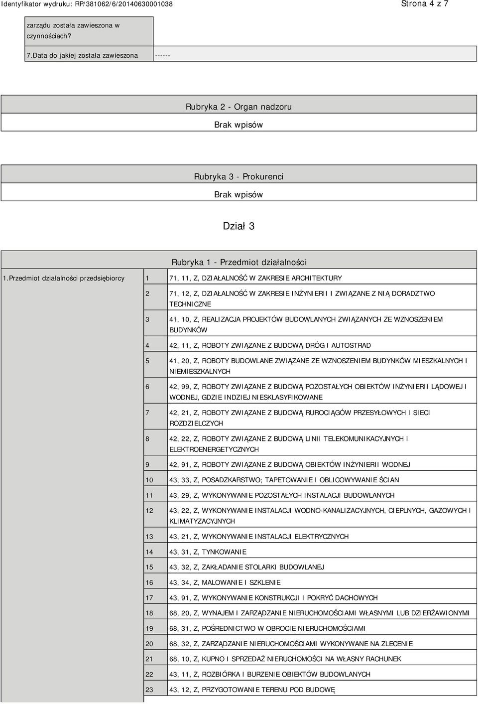 PROJEKTÓW BUDOWLANYCH ZWIĄZANYCH ZE WZNOSZEM BUDYNKÓW 4 42, 11, Z, ROBOTY ZWIĄZANE Z BUDOWĄ DRÓG I AUTOSTRAD 5 41, 20, Z, ROBOTY BUDOWLANE ZWIĄZANE ZE WZNOSZEM BUDYNKÓW MIESZKALNYCH I MIESZKALNYCH 6