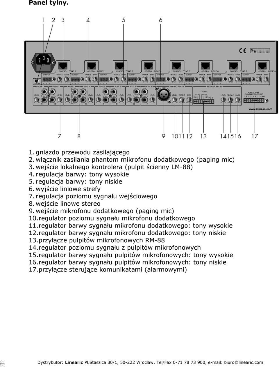 wejście mikrofonu dodatkowego (paging mic) 10.regulator poziomu sygnału mikrofonu dodatkowego 11.regulator barwy sygnału mikrofonu dodatkowego: tony wysokie 12.