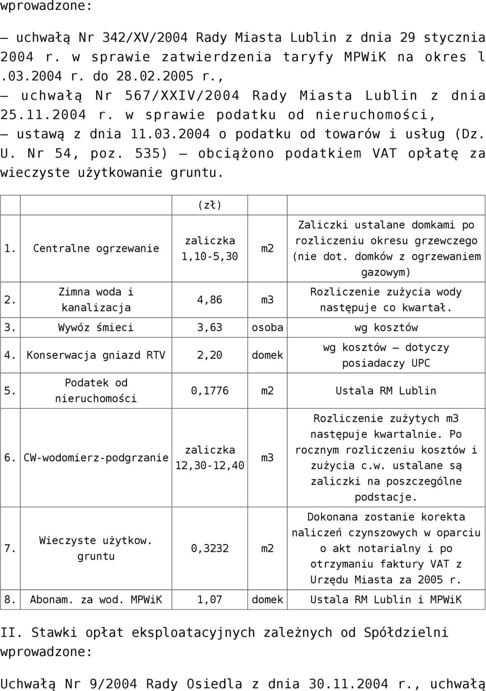 domków z ogrzewaniem gazowym) 2 następuje co kwartał 3 Wywóz śmieci 3,63 osoba wg kosztów 4 Konserwacja gniazd RTV 2,20 domek wg kosztów dotyczy posiadaczy UPC 5 0,1776 Ustala RM Lublin Rozliczenie