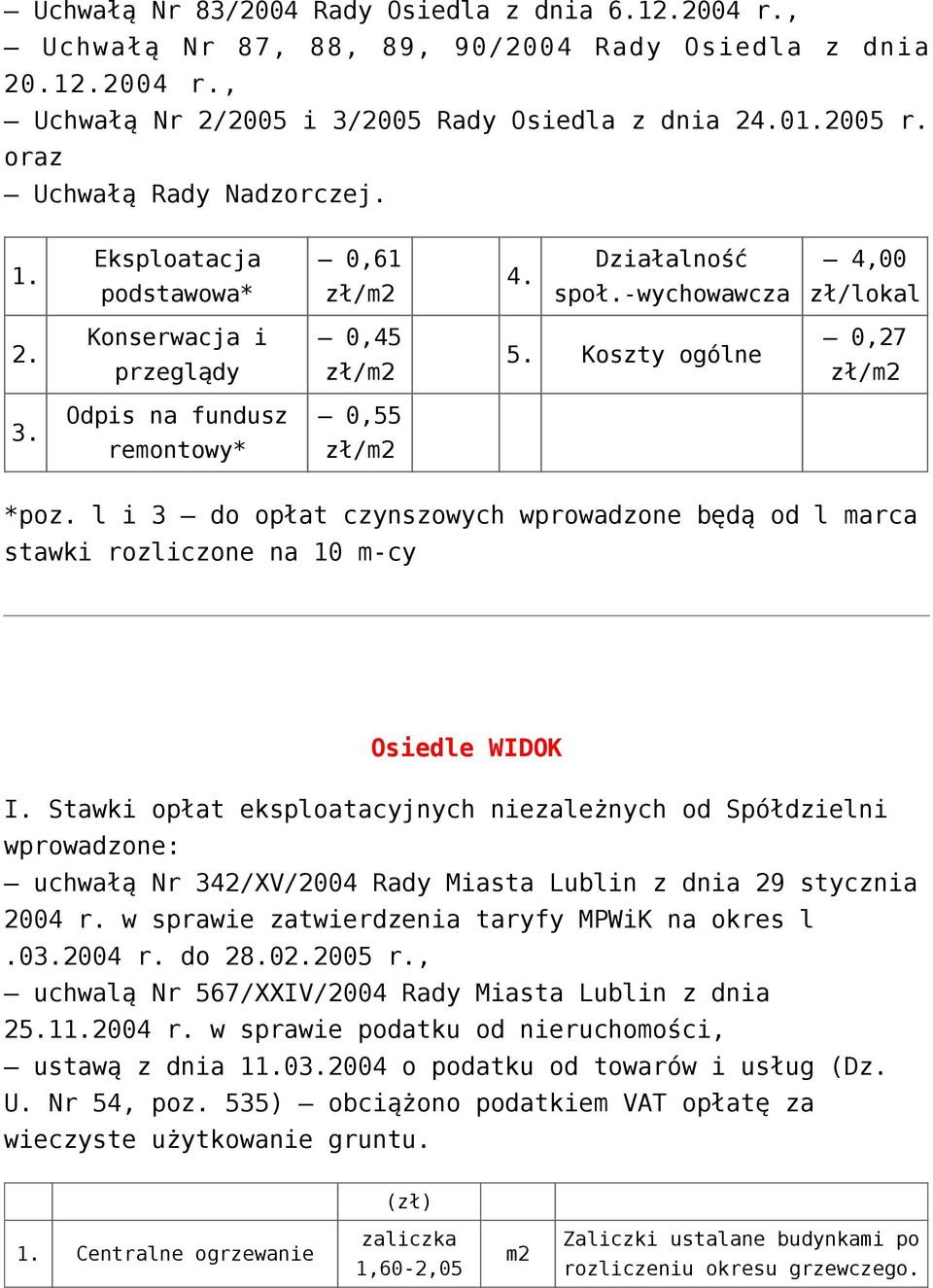 Osiedle WIDOK I Stawki opłat eksploatacyjnych niezależnych od Spółdzielni 2004 r w sprawie zatwierdzenia taryfy MPWiK na okres l 032004 r do 28022005 r, uchwalą Nr 567/XXIV/2004 Rady Miasta Lublin z