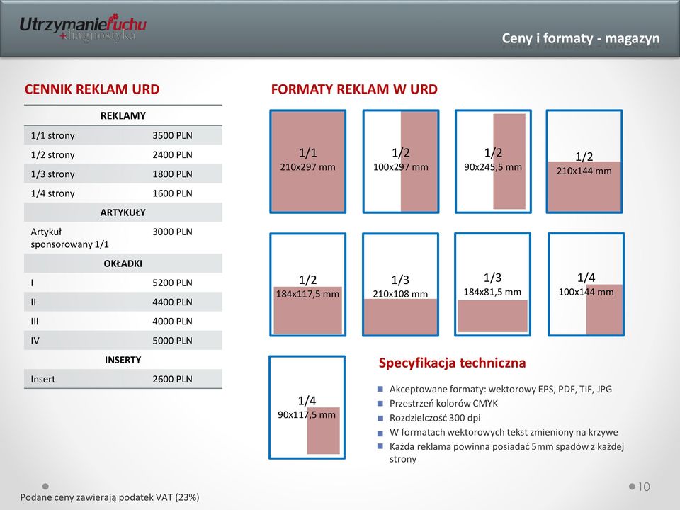 100x297 mm 1/3 210x108 mm 1/2 90x245,5 mm 1/3 184x81,5 mm Specyfikacja techniczna 1/2 210x144 mm 1/4 100x144 mm Akceptowane formaty: wektorowy EPS, PDF, TIF, JPG