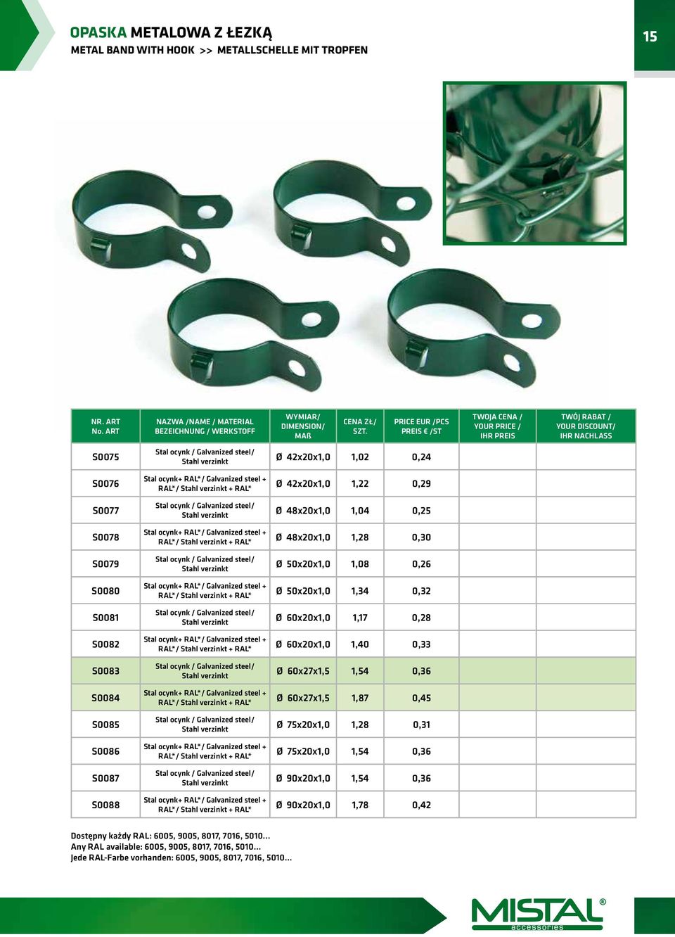 steel/ Stahl verzinkt ø 48x20x1,0 1,04 0,25 S0078 Stal ocynk+ RAL*/ Galvanized steel + RAL*/ Stahl verzinkt + RAL* ø 48x20x1,0 1,28 0,30 S0079 Stal ocynk / Galvanized steel/ Stahl verzinkt ø