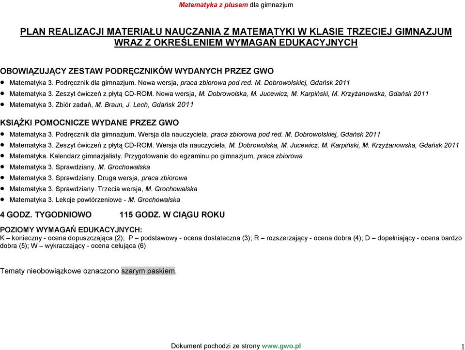 Krzyżanowska, Gdańsk 2011 Matematyka 3. Zbiór zadań, M. Braun, J. Lech, Gdańsk 2011 KSIĄŻKI POMOCNICZE WYDANE PRZEZ GWO Matematyka 3. Podręcznik dla gimnazjum.