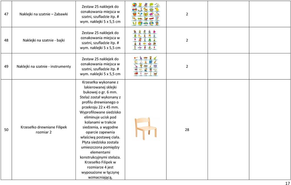 naklejki 5 x 5,5 cm 49 Naklejki na szatnie - instrumenty Zestaw 5 naklejek do oznakowania miejsca w szatni, szufladzie itp. # wym.