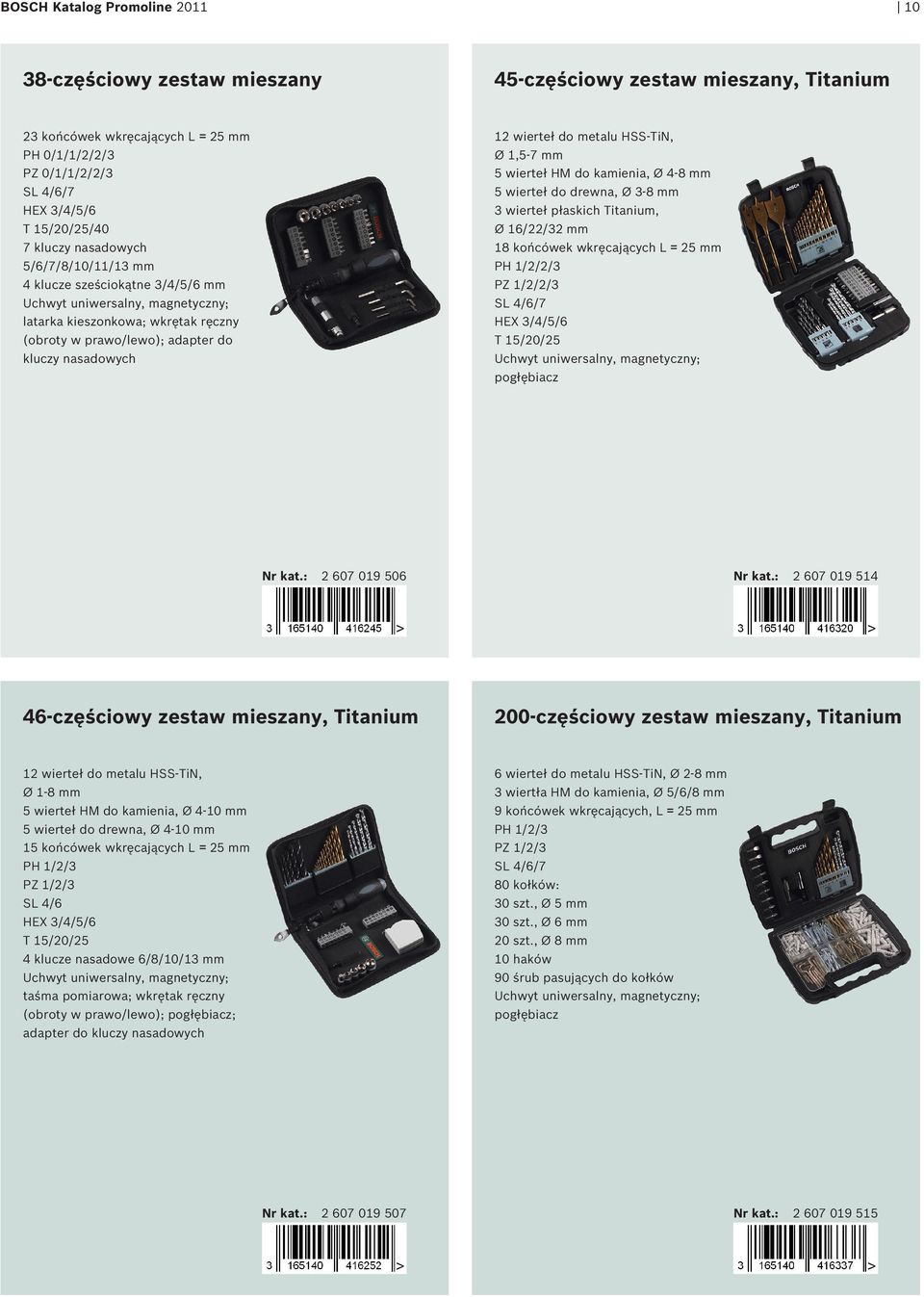kamienia, Ø 4-8 mm 5 wierteł do drewna, Ø 3-8 mm 3 wierteł płaskich Titanium, Ø 16/22/32 mm 18 końcówek wkręcających L = PH 1/2/2/3 PZ 1/2/2/3 T 15/20/25 pogłębiacz Nr kat.: 2 607 019 506 Nr kat.
