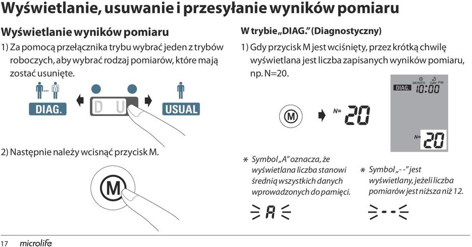 (Diagnostyczny) 1) Gdy przycisk M jest wciśnięty, przez krótką chwilę wyświetlana jest liczba zapisanych wyników pomiaru, np. N=20. DIAG.