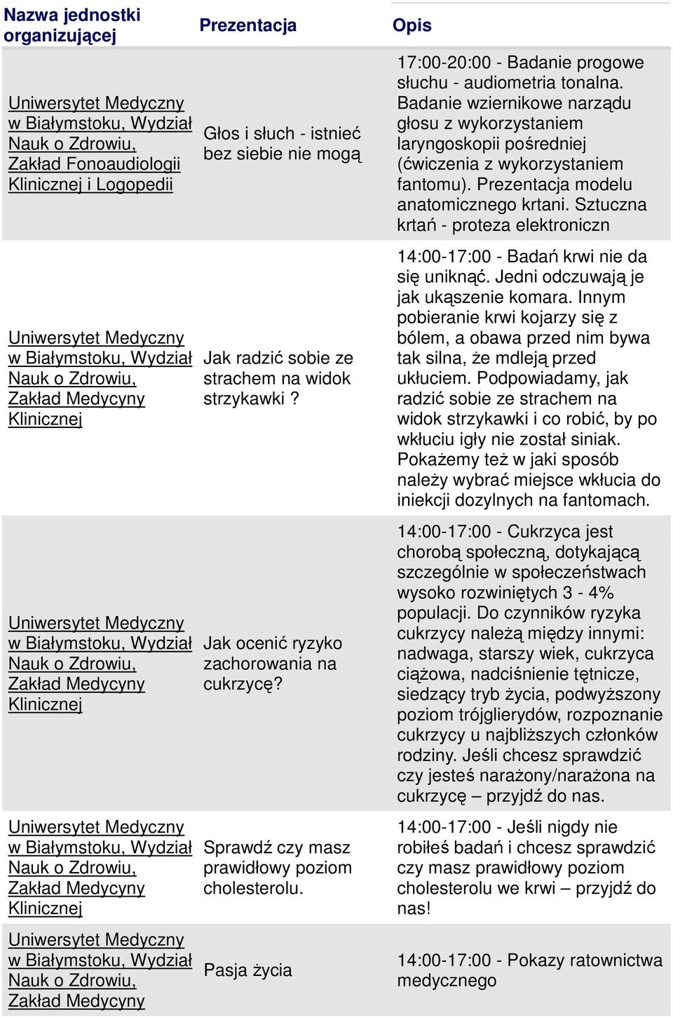 Pasja Ŝycia 17:00-20:00 - Badanie progowe słuchu - audiometria tonalna. Badanie wziernikowe narządu głosu z wykorzystaniem laryngoskopii pośredniej (ćwiczenia z wykorzystaniem fantomu).