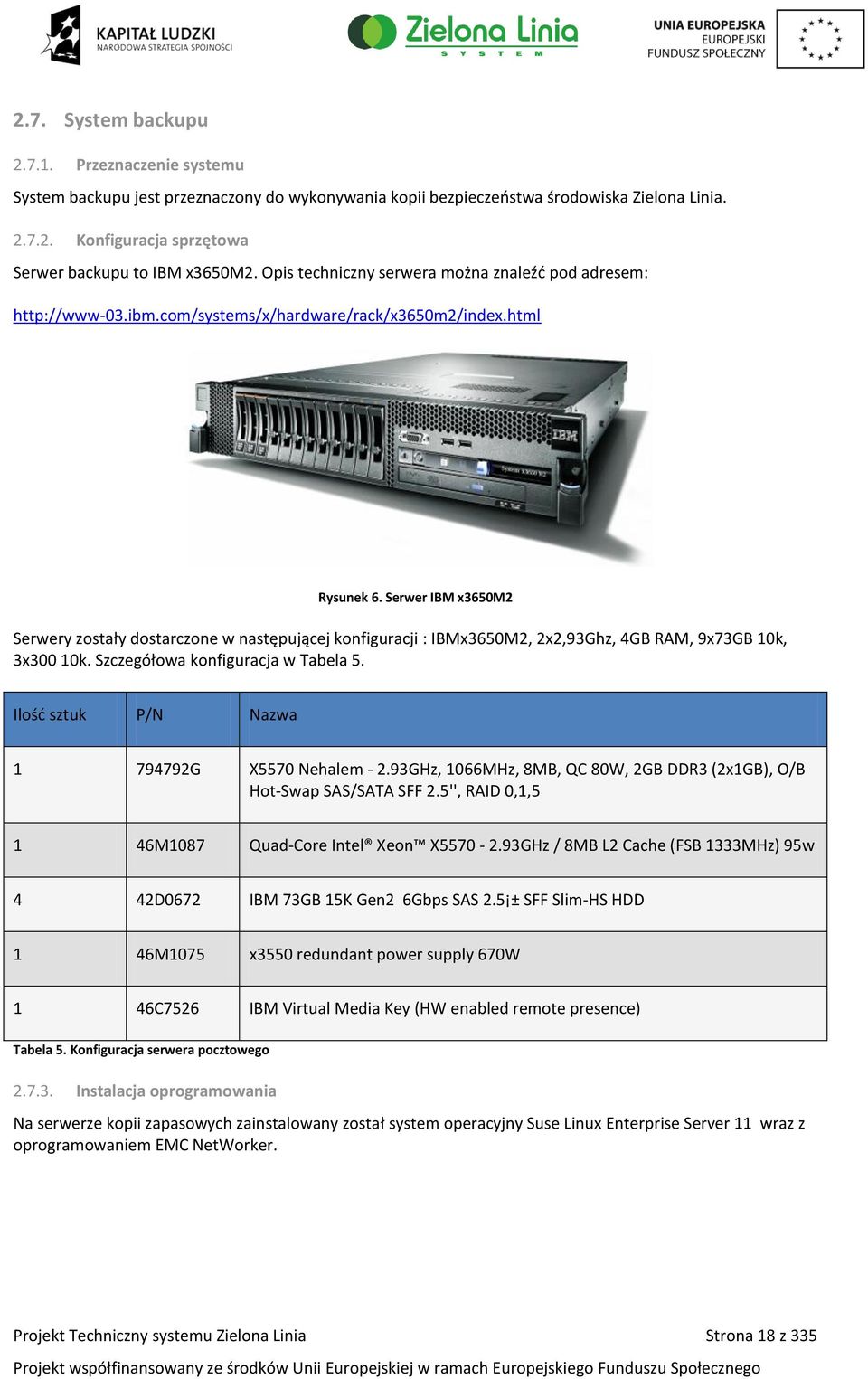 Serwer IBM x3650m2 Serwery zostały dostarczone w następującej konfiguracji : IBMx3650M2, 2x2,93Ghz, 4GB RAM, 9x73GB 10k, 3x300 10k. Szczegółowa konfiguracja w Tabela 5.