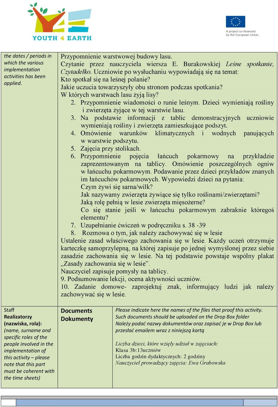 Przypomnienie wiadomości o runie leśnym. Dzieci wymieniają rośliny i zwierzęta żyjące w tej warstwie lasu. 3.