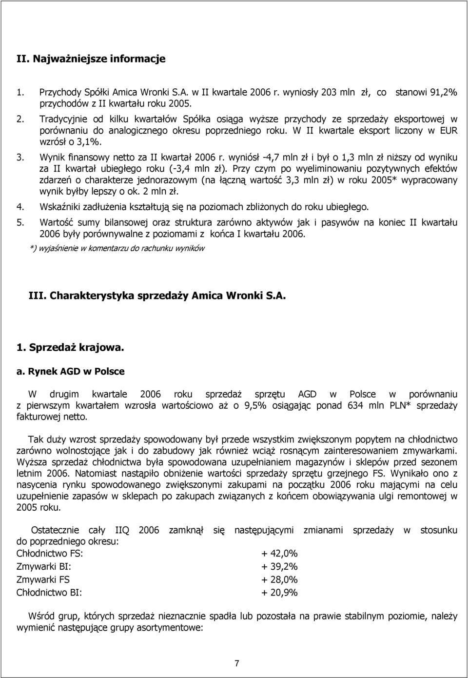 W II kwartale eksport liczony w EUR wzrósł o 3,1%. 3. Wynik finansowy netto za II kwartał 2006 r. wyniósł -4,7 mln zł i był o 1,3 mln zł niższy od wyniku za II kwartał ubiegłego roku (-3,4 mln zł).