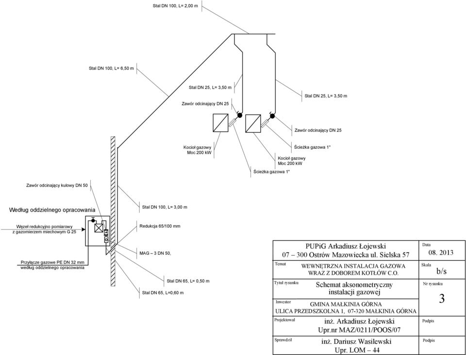 gazomierzem miechowym G 25 Redukcja 65/100 mm Przyłącze gazowe PE DN 32 mm według oddzielnego opracowania MAG 3 DN 50, Stal DN 65, L=0,60 m Stal DN