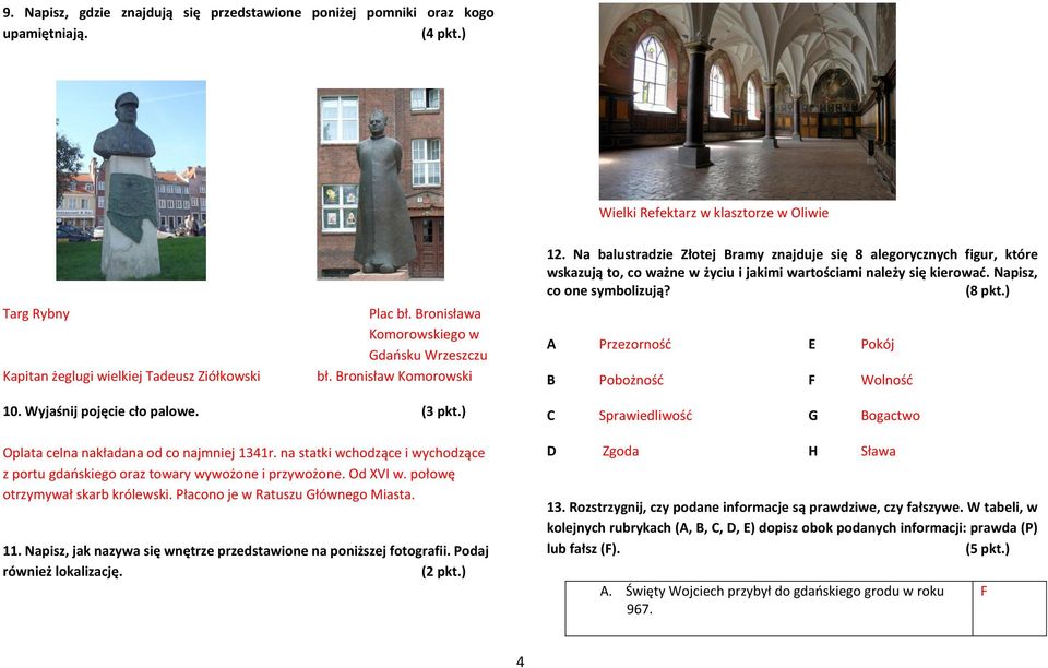 Na balustradzie Złotej Bramy znajduje się 8 alegorycznych figur, które wskazują to, co ważne w życiu i jakimi wartościami należy się kierować. Napisz, co one symbolizują? (8 pkt.