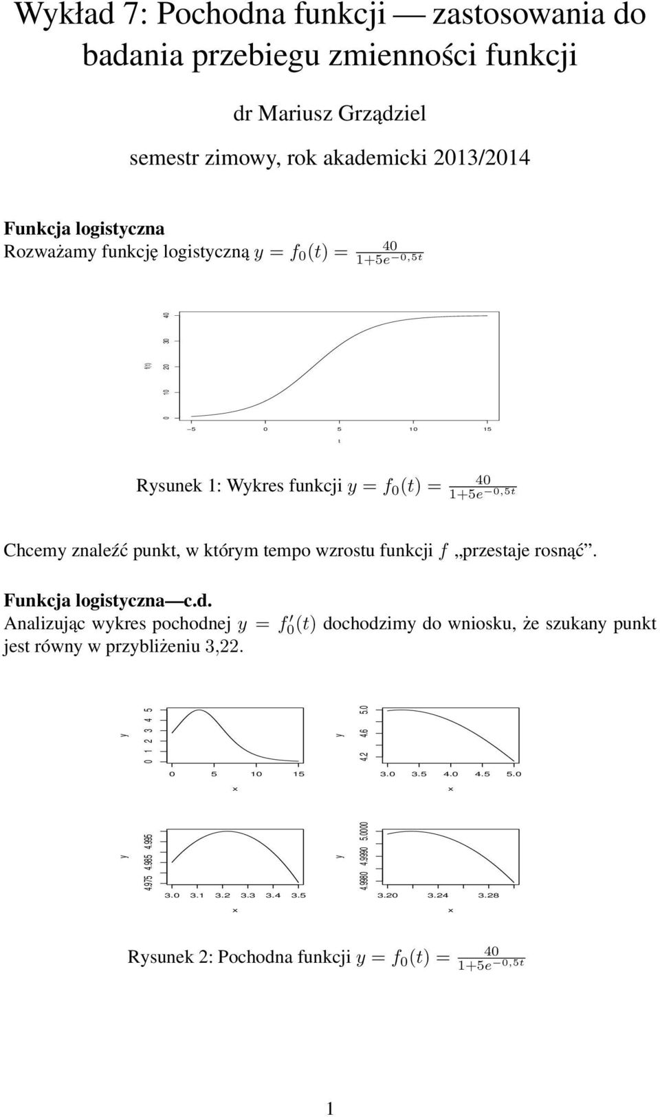 przestje rosnąć. Funkcj logistczn c.d. Anlizując wkres pochodnej = f 0(t) dochodzim do wniosku, że szukn punkt jest równ w przbliżeniu 3,22. 0 1 2 3 4 5 4.2 4.