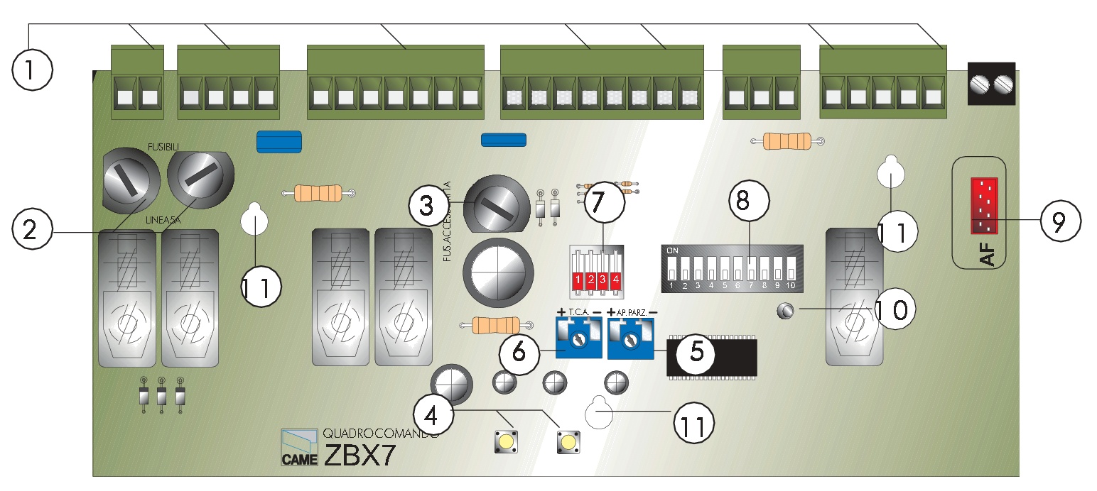 Re gl ator cz as atom atycz ne go z am yk ania: T.C.A. 7. Prz e łącz nik i w ybor fnk cji; m odłdip-4 8. Prz e łącz nik i w ybor fnk cji; m odłdip-10 9. Gniaz do k arty radiow e jaf 10.